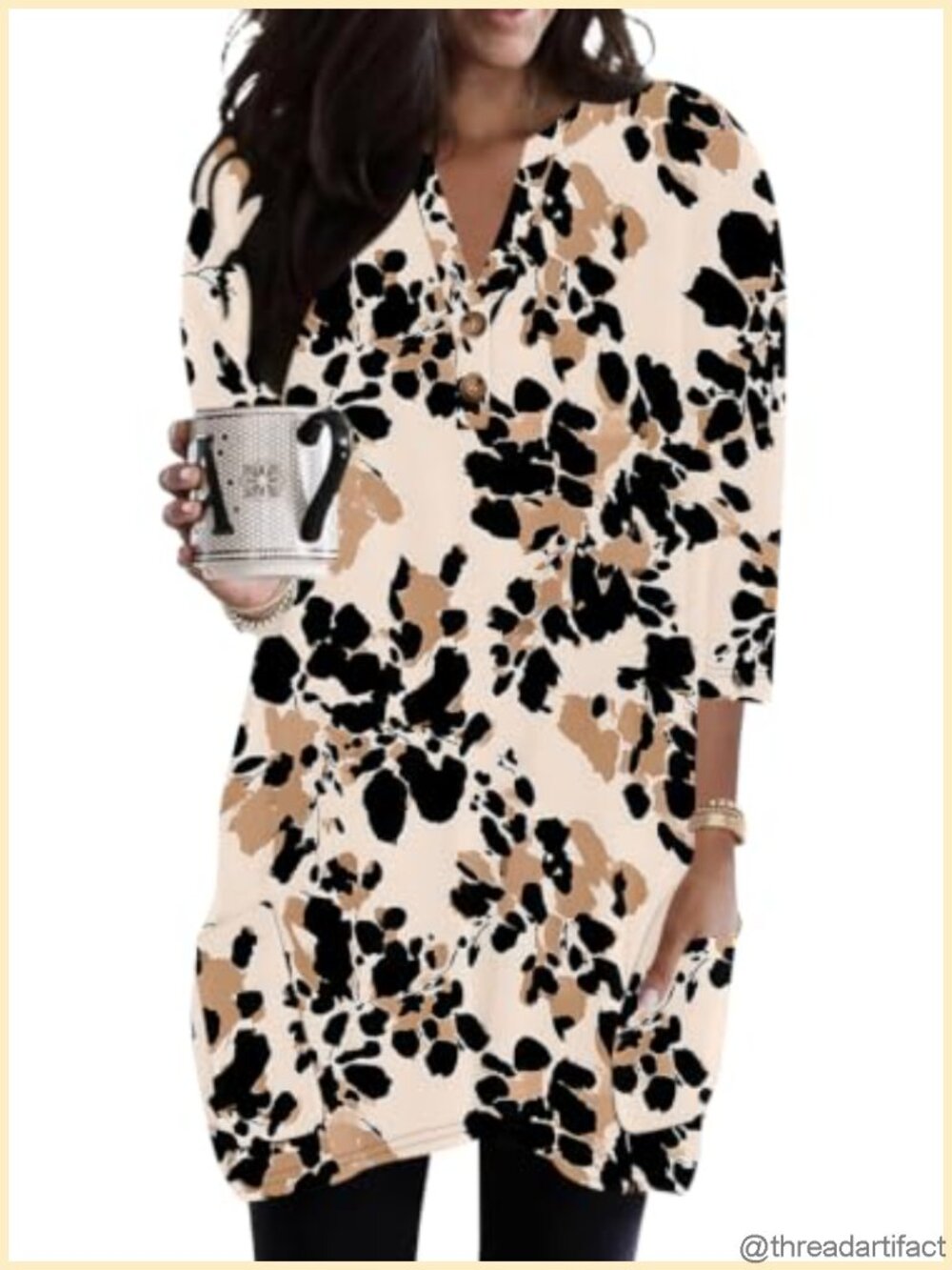 Womens V-Neck 3/4 Sleeve Tunic Top Button Loose Fit Shirt